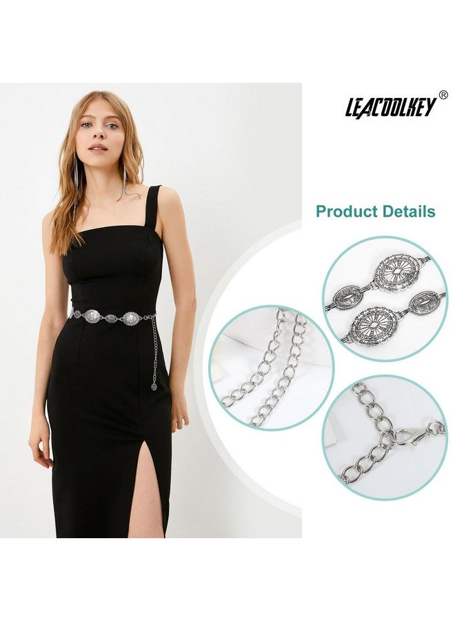 Women Silver Western Concho Chain Belt Boho Metal Western Cowgirl Chain Belt For Dress Adjustable