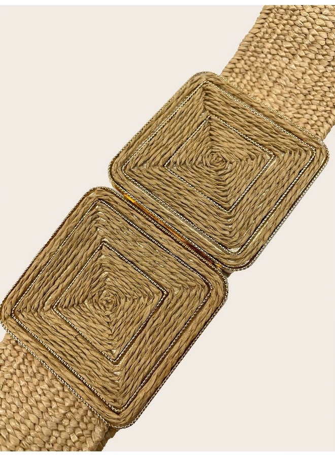 Women'S Symmetrical Buckle Straw Belts Wide Belt Elastic Waistband Khaki 90