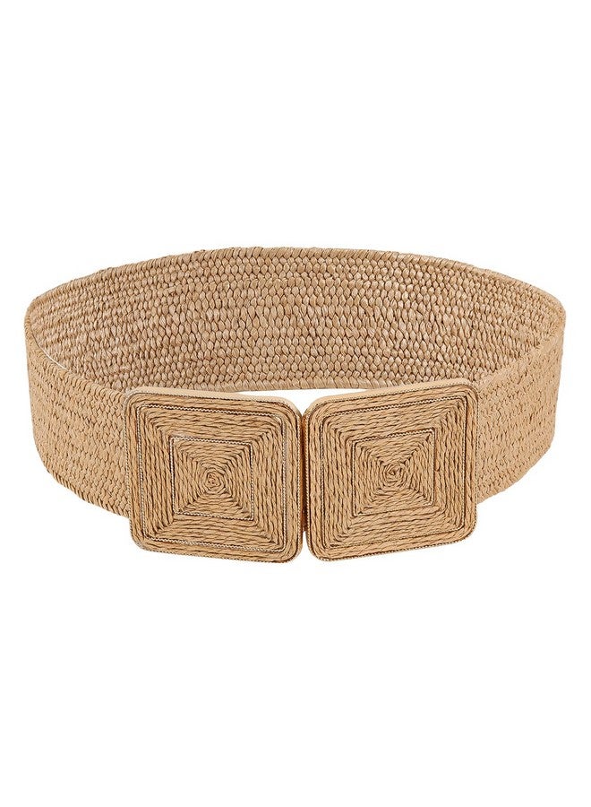 Women'S Symmetrical Buckle Straw Belts Wide Belt Elastic Waistband Khaki 90