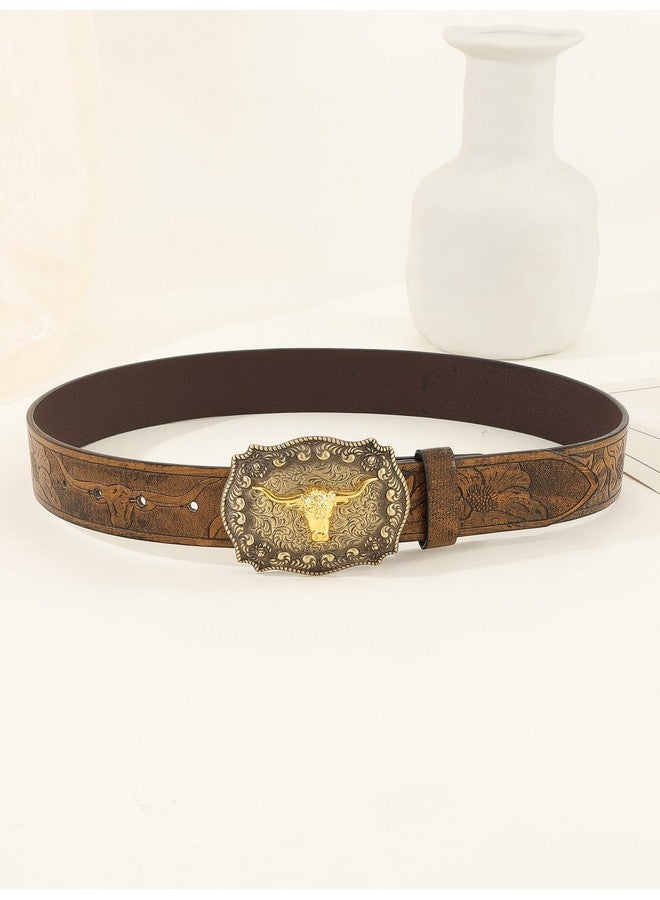 Women'S Vintage Western Leather Buckle Belt Camel Cattle 70