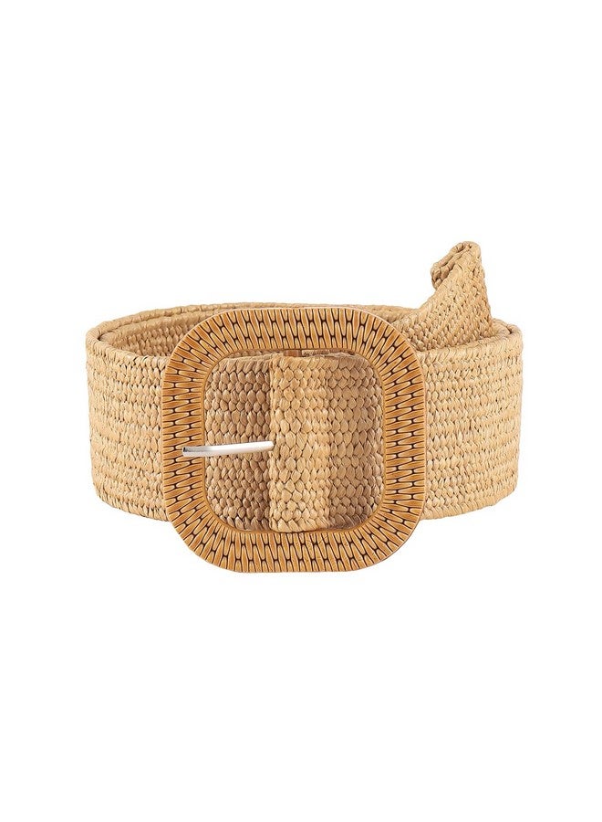 Women'S Square Buckle Elastic Straw Belts Woven Wide Waist Boho Waist Belt Camel Onesize