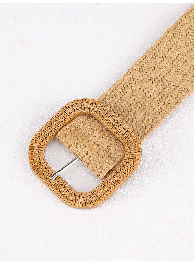 Women'S Square Buckle Elastic Straw Belts Woven Wide Waist Boho Waist Belt Camel Onesize