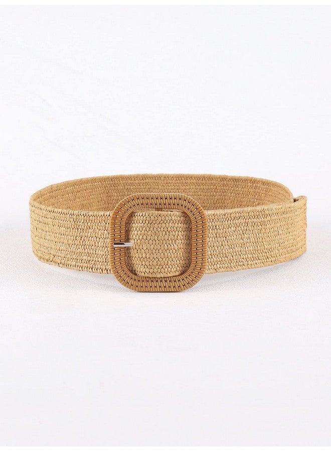 Women'S Square Buckle Elastic Straw Belts Woven Wide Waist Boho Waist Belt Camel Onesize