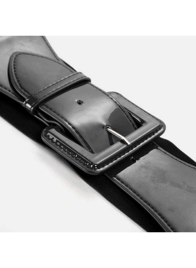Women'S Wide Patent Leather Buckle High Waist Fashion Belt Black M
