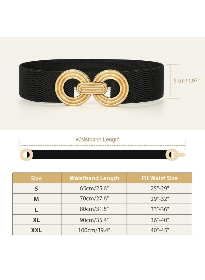 Women Wide Elastic Waist Belt Fashion Hollow Out Round Gold Buckle Stretchy Belt Waistband For Ladies Black L