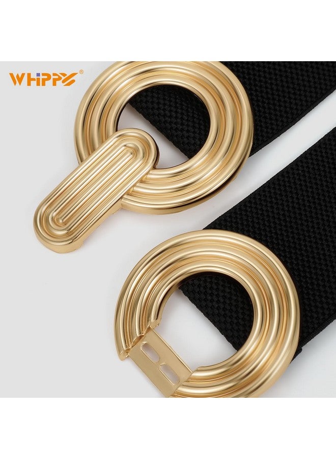 Women Wide Elastic Waist Belt Fashion Hollow Out Round Gold Buckle Stretchy Belt Waistband For Ladies Black L
