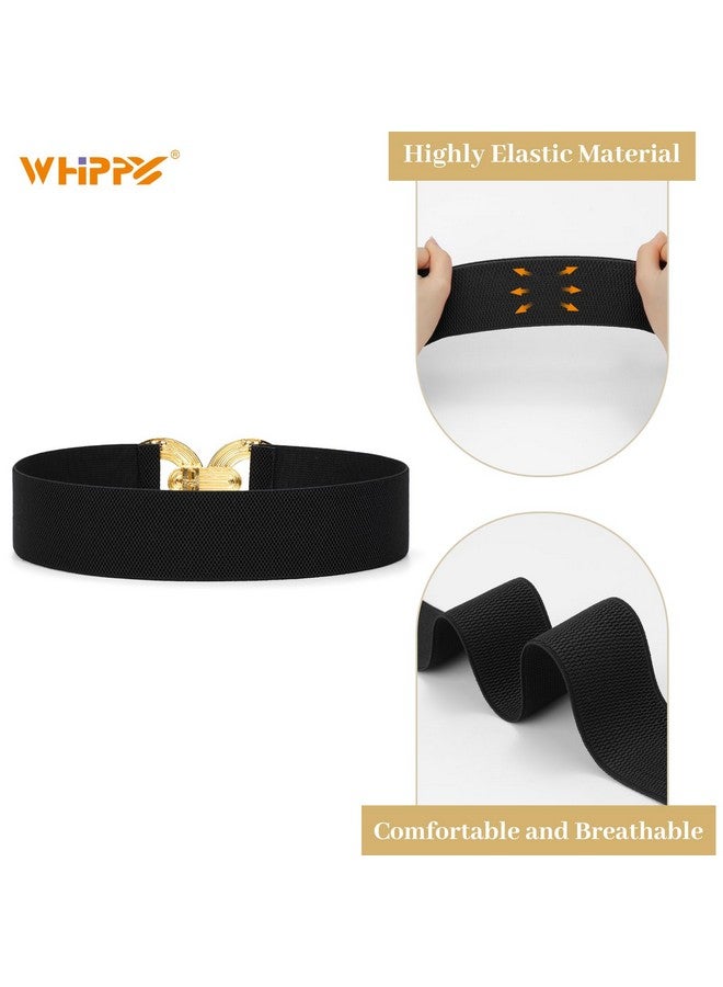 Women Wide Elastic Waist Belt Fashion Hollow Out Round Gold Buckle Stretchy Belt Waistband For Ladies Black L