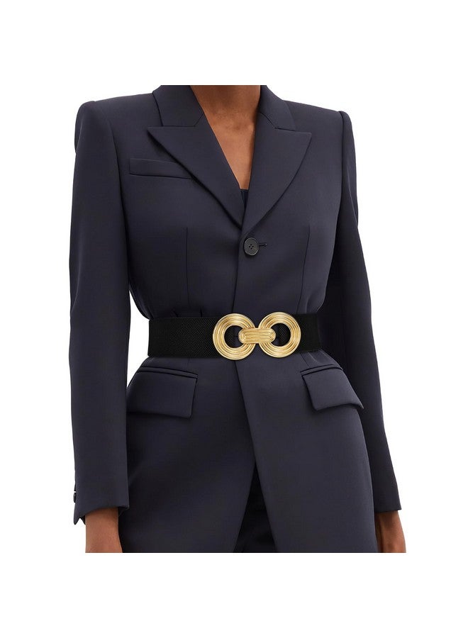 Women Wide Elastic Waist Belt Fashion Hollow Out Round Gold Buckle Stretchy Belt Waistband For Ladies Black L