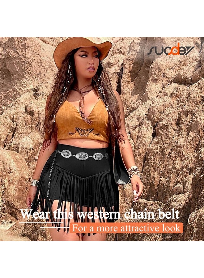 Western Chain Belts For Women Cowgirl Concho Country Belts Metal Adjustable Vintage Silver Belt