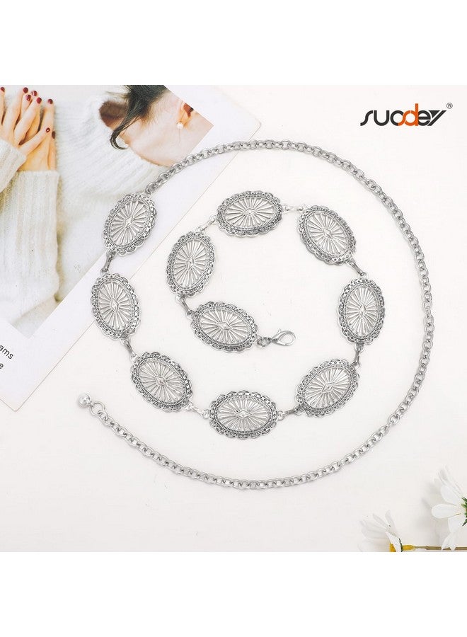 Western Chain Belts For Women Cowgirl Concho Country Belts Metal Adjustable Vintage Silver Belt