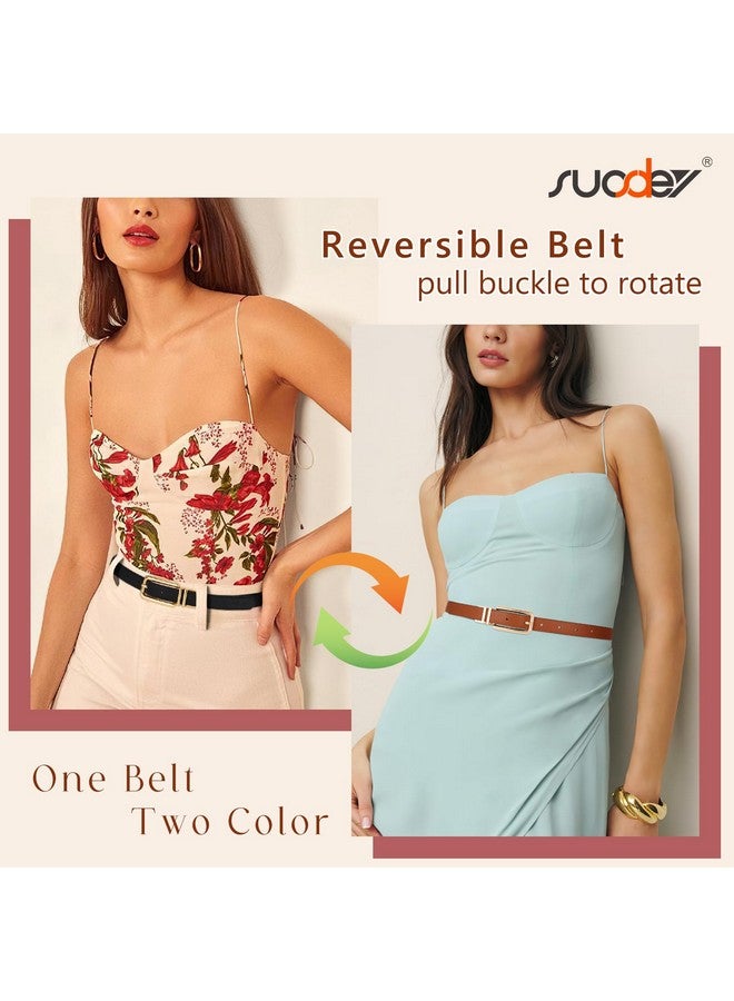Women Reversible Leather Belt With Rotating Pin Buckle For Jeans Pants Dresses
