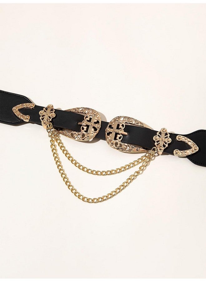 Women'S Double Buckle Chain Cowgirl Belts Leather Elastic Waist Belt Black 70