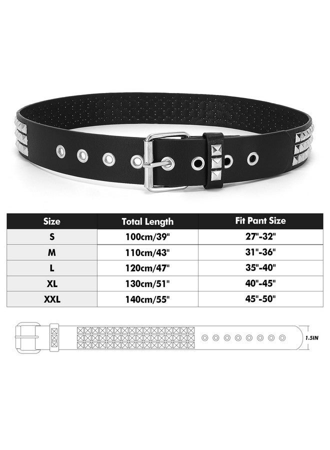 Women Men Rivet Studded Belt Row Pyramid Square Bead Pu Faux Leather Punk Rock Grommet Belt For Jeanssilver Blackxxl