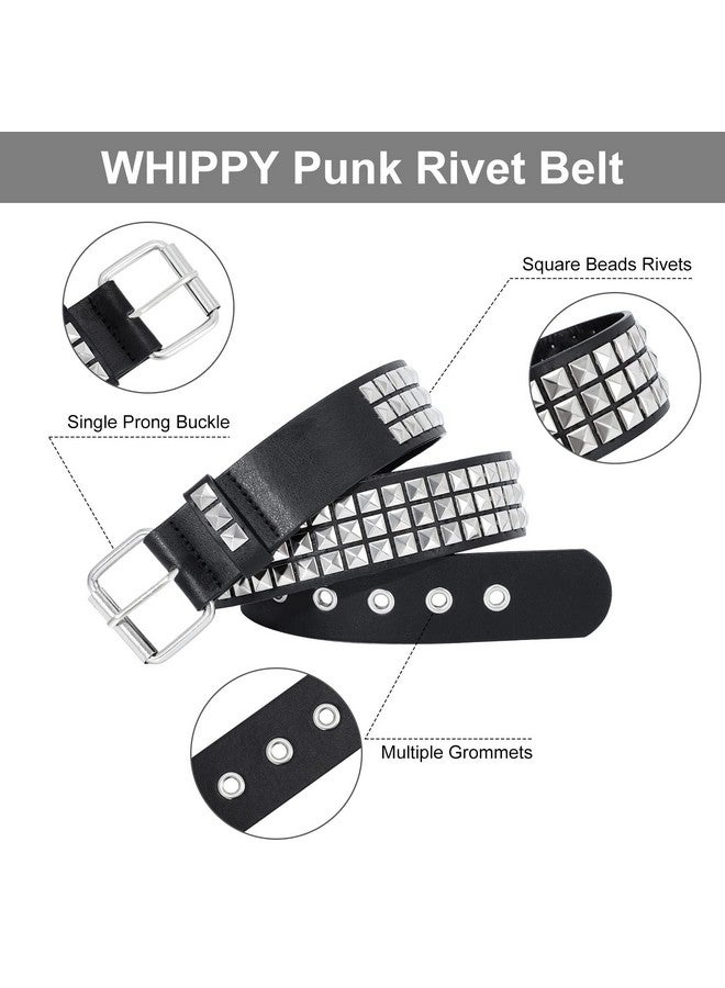 Women Men Rivet Studded Belt Row Pyramid Square Bead Pu Faux Leather Punk Rock Grommet Belt For Jeanssilver Blackxxl