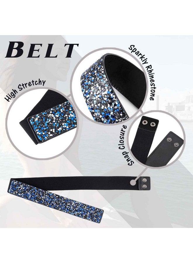 Bling Rhinestone Elastic Cinch Belt Blue Gold Crystal Black Stretchy Belts Wide Stretch Dress Dresses Waist Belt For Women(Pack Of 2)