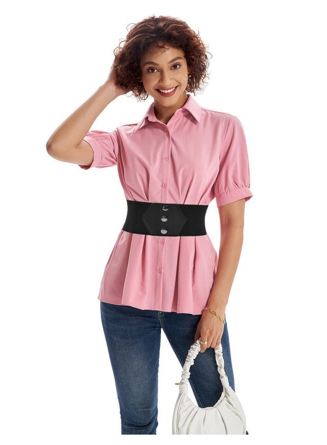 Women'S Snap Button Stretchy Black Belt Retro Wide Waist Cinched Belt Elastic Vintage Belt Large