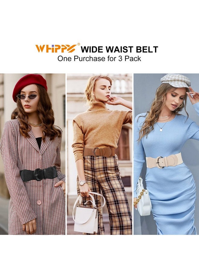 3 Pack Women Wide Elastic Waist Belt Vintage Stretchy Belt Waistband For Ladies Dresses Blackbrownbeige M