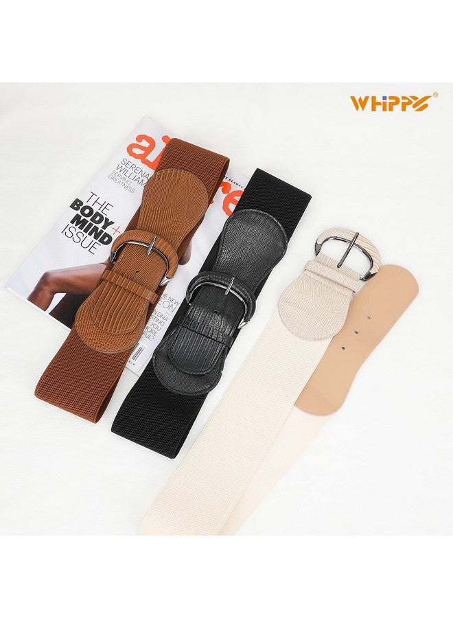 3 Pack Women Wide Elastic Waist Belt Vintage Stretchy Belt Waistband For Ladies Dresses Blackbrownbeige M