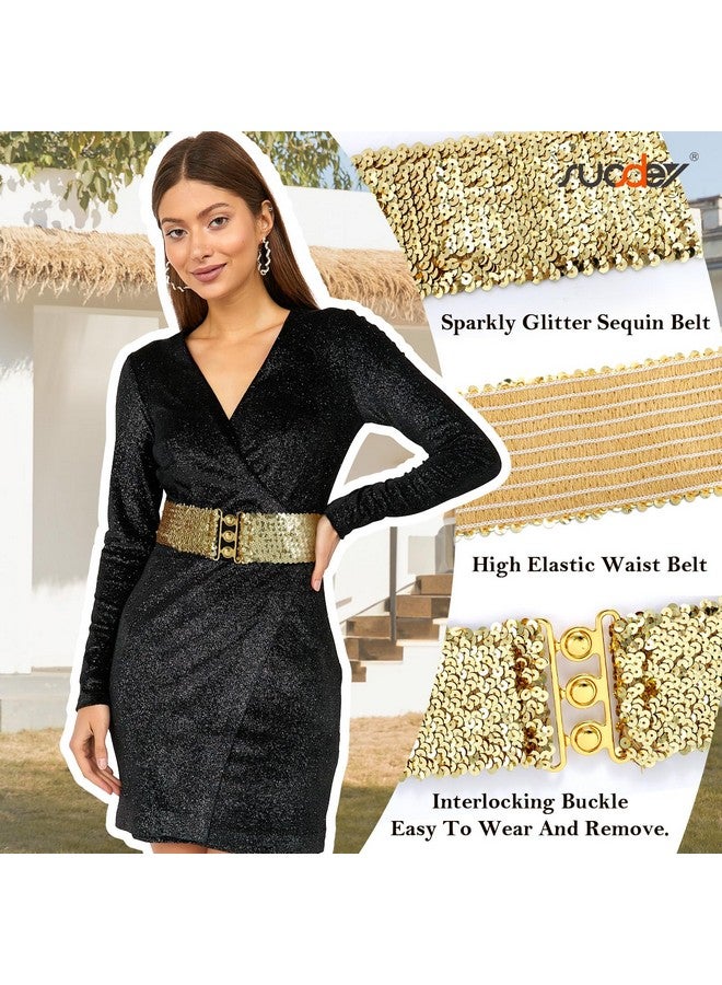 Gold Sequin Elastic Wide Belts For Women Sparkly Glitter Stretch Disco Belt For Dresses 70S 80S Costume Party