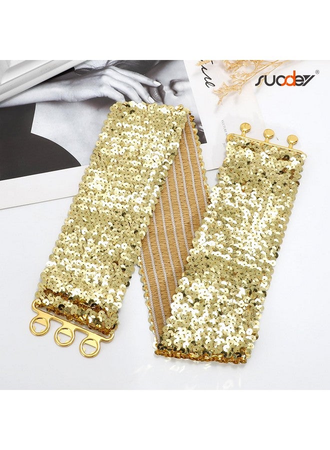 Gold Sequin Elastic Wide Belts For Women Sparkly Glitter Stretch Disco Belt For Dresses 70S 80S Costume Party