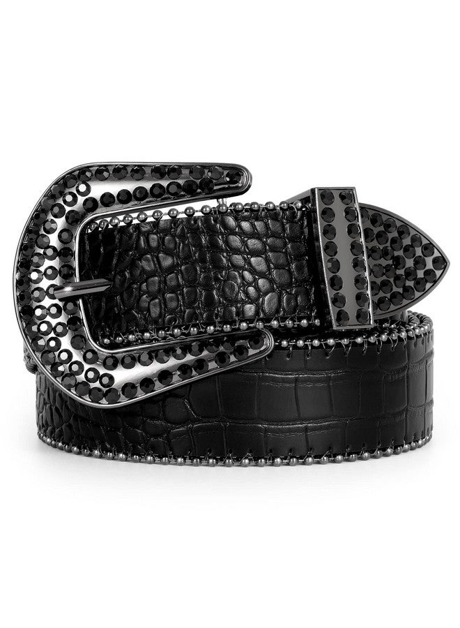 Men Western Crocodile Pu Leather Belt Western Cowboy Women Cowgirl Boho Waist Belt With Rhinestone Buckle Black Fit Waist Size 26