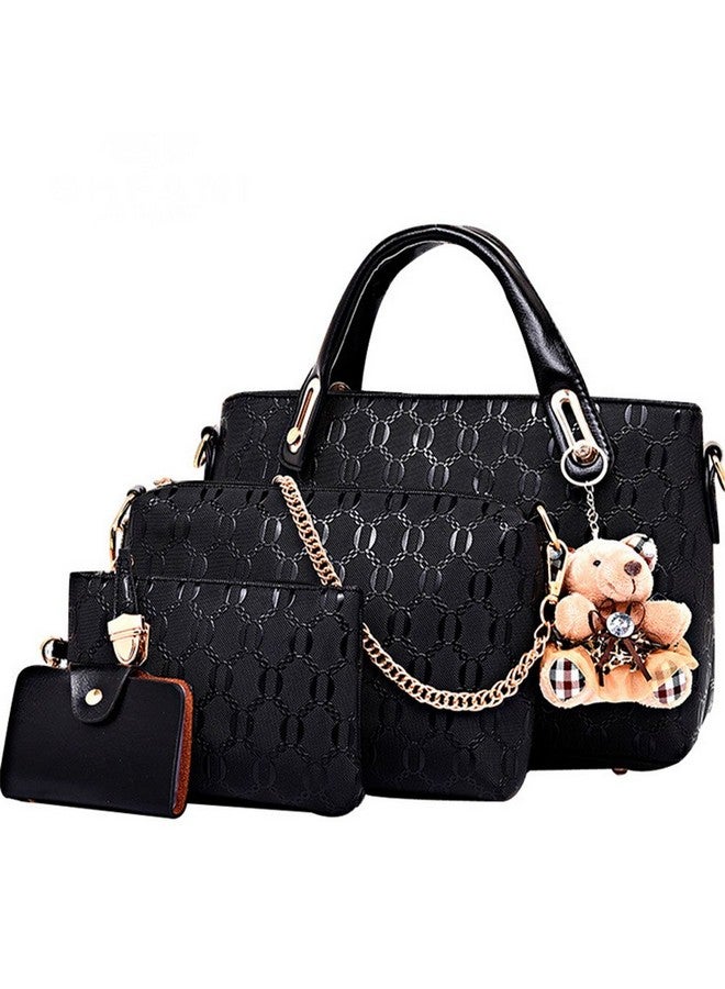 Women 4 Pcs Top Handle Satchel Hobo Handbag Set Large Tote +Purse +Shoulder Bag+Card Holder Black