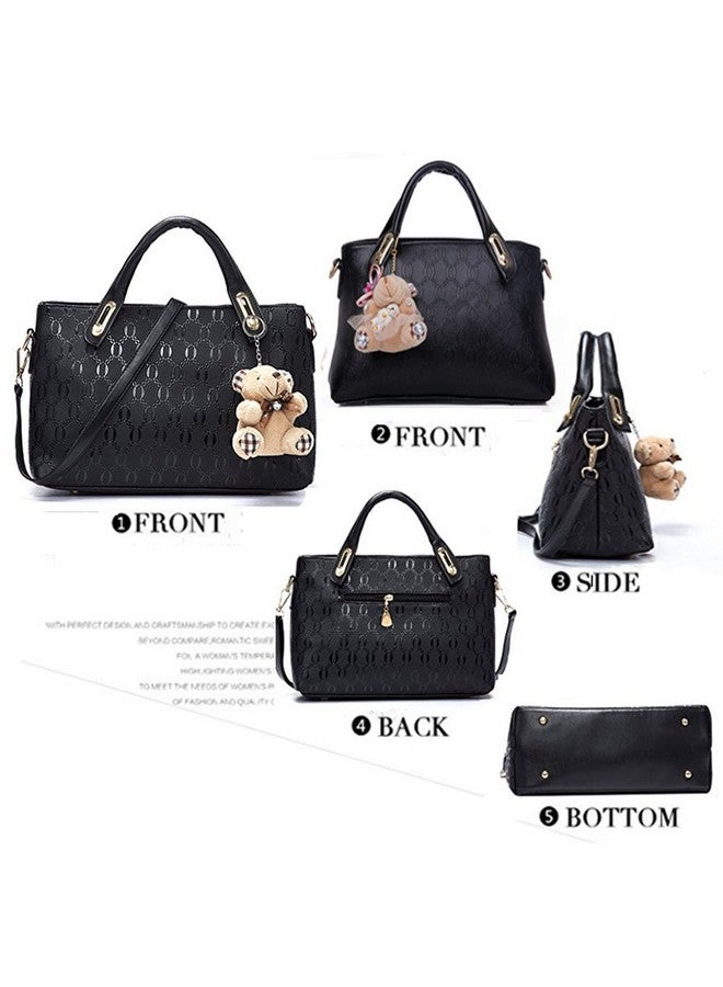 Women 4 Pcs Top Handle Satchel Hobo Handbag Set Large Tote +Purse +Shoulder Bag+Card Holder Black