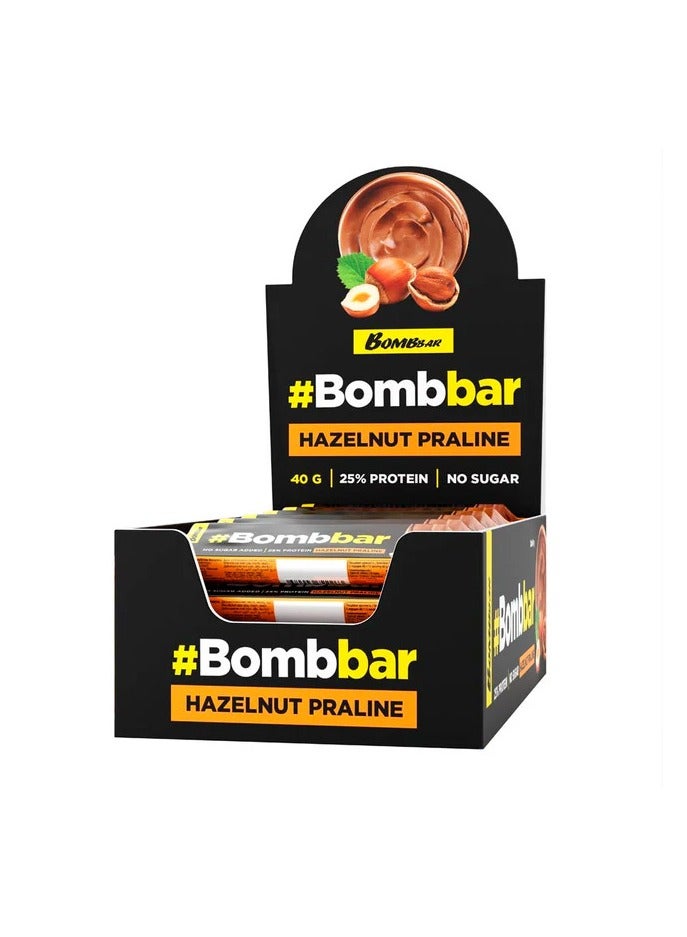 BombBar Protein Bar - 25% Protein, No added Sugar, Low Calorie Protein Bar, 40gm - Hazelnut Praline - Box of 12