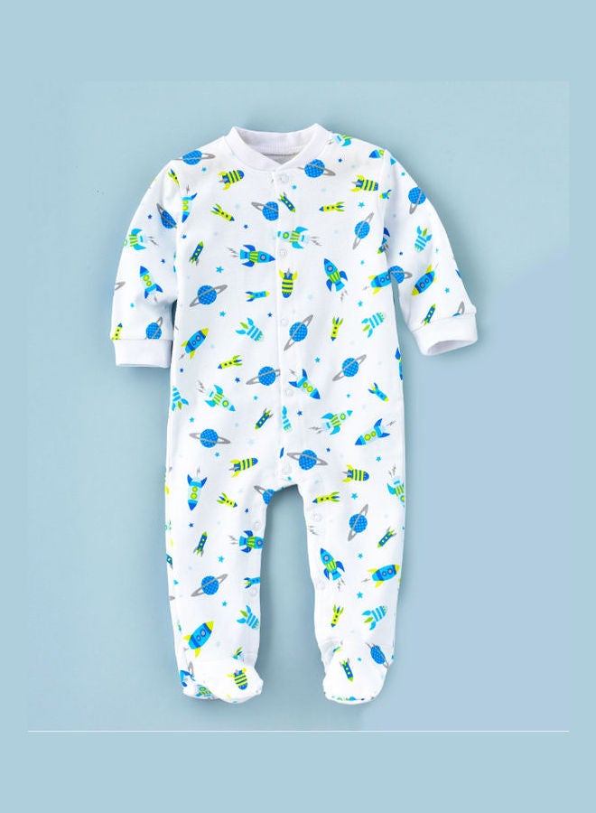 Spaceship Printed Overall Footie Sleepsuit Blue/Green/White