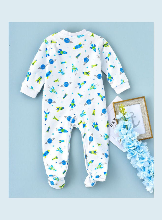 Spaceship Printed Overall Footie Sleepsuit Blue/Green/White