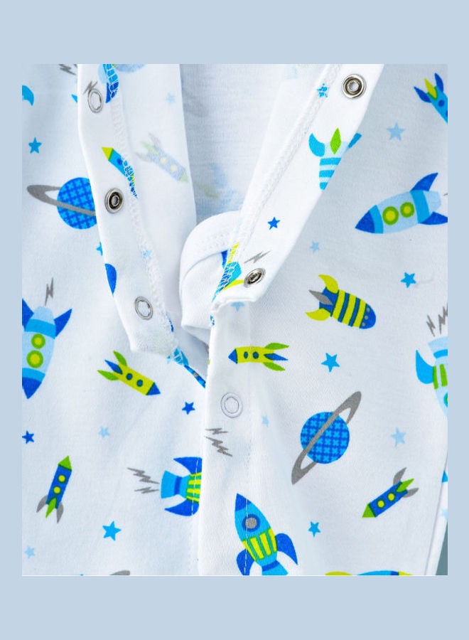 Spaceship Printed Overall Footie Sleepsuit Blue/Green/White