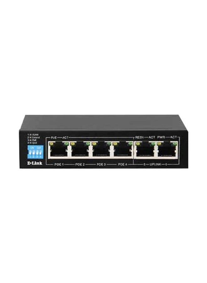DGS-F1006P-E 250M 6-Port 10/100/ 1000Mbps Switch with 4 PoE (802.3AF & 802.3AT) Ports and 2 Uplink Ports, 60W PoE Budget | DGS-F1006P-E Black