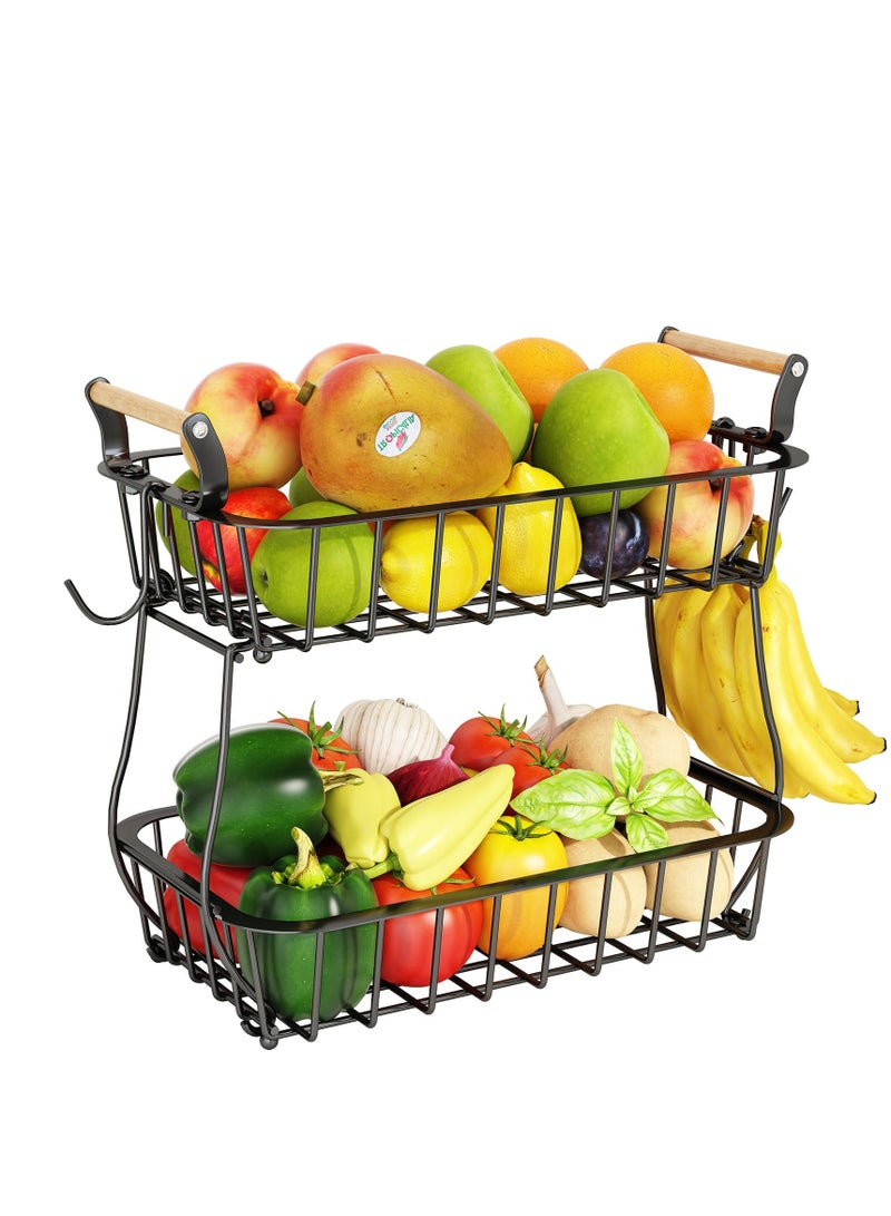 2 Tier Fruit Basket with 2 Banana Hangers, Countertop Fruit Vegetable Basket Bowl for Kitchen Counter Metal Mesh Basket Fruits Stand Produce Holder Organizer for Onion Potato Bread Snack Veggie