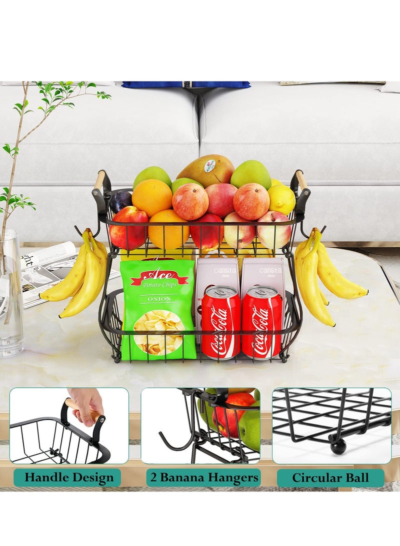 2 Tier Fruit Basket with 2 Banana Hangers, Countertop Fruit Vegetable Basket Bowl for Kitchen Counter Metal Mesh Basket Fruits Stand Produce Holder Organizer for Onion Potato Bread Snack Veggie