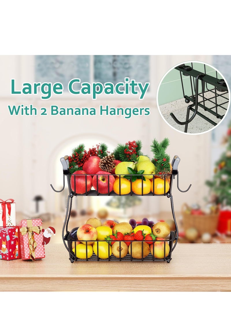 2 Tier Fruit Basket with 2 Banana Hangers, Countertop Fruit Vegetable Basket Bowl for Kitchen Counter Metal Mesh Basket Fruits Stand Produce Holder Organizer for Onion Potato Bread Snack Veggie