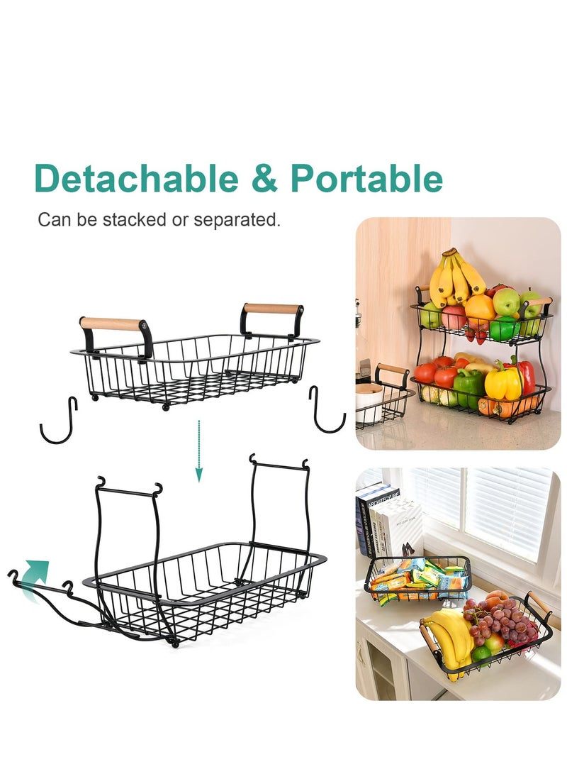 2 Tier Fruit Basket with 2 Banana Hangers, Countertop Fruit Vegetable Basket Bowl for Kitchen Counter Metal Mesh Basket Fruits Stand Produce Holder Organizer for Onion Potato Bread Snack Veggie