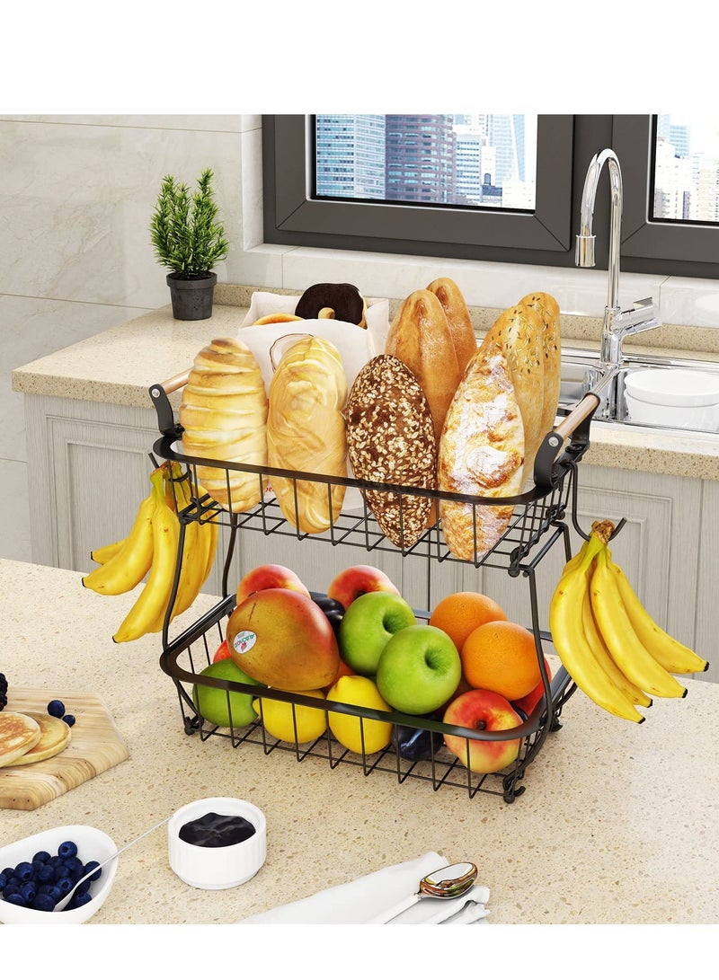 2 Tier Fruit Basket with 2 Banana Hangers, Countertop Fruit Vegetable Basket Bowl for Kitchen Counter Metal Mesh Basket Fruits Stand Produce Holder Organizer for Onion Potato Bread Snack Veggie