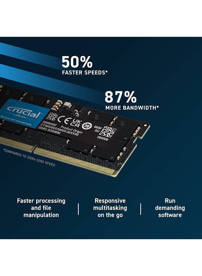 32GB DDR5-4800 SODIMM Laptop Memory, CL40 Cas Latency, 40-39-39 Extended Timings, 1.1 Voltage, 262 Pin, Unbuffered Non ECC | CT32G48C40S5 32 GB