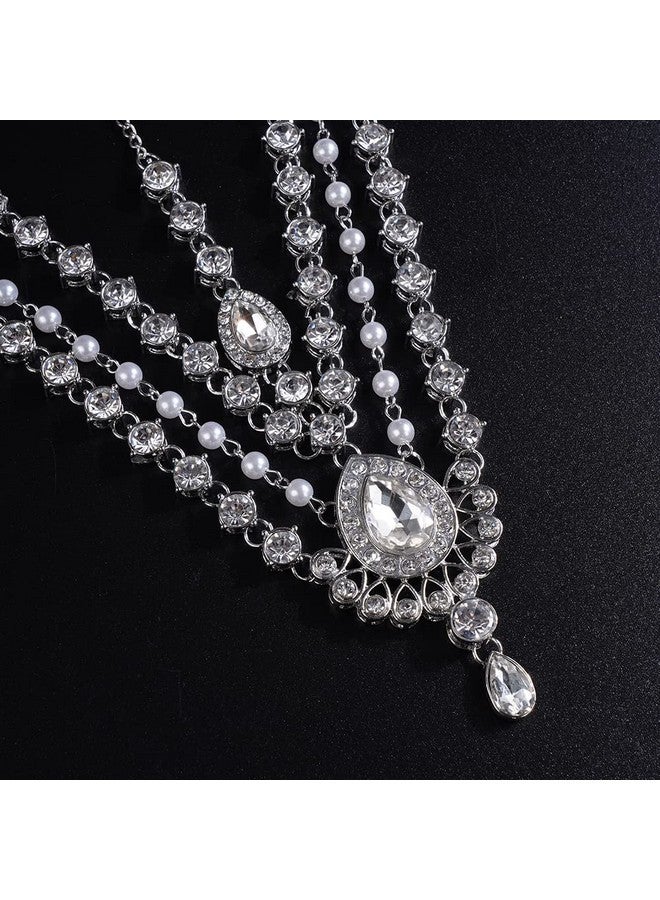 Boho Rhinestone Head Chain Pearl Headchain Bride Headpiece Headband Wedding Hair Accessories For Women And Girls (Silver)