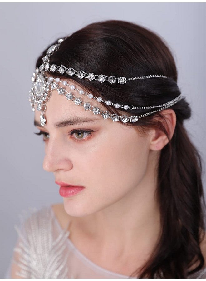Boho Rhinestone Head Chain Pearl Headchain Bride Headpiece Headband Wedding Hair Accessories For Women And Girls (Silver)