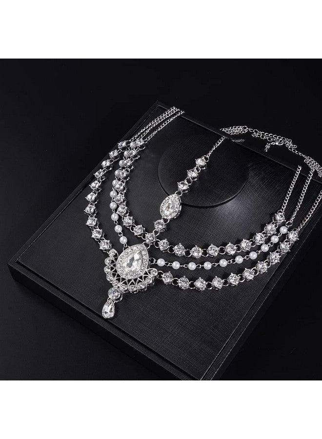Boho Rhinestone Head Chain Pearl Headchain Bride Headpiece Headband Wedding Hair Accessories For Women And Girls (Silver)