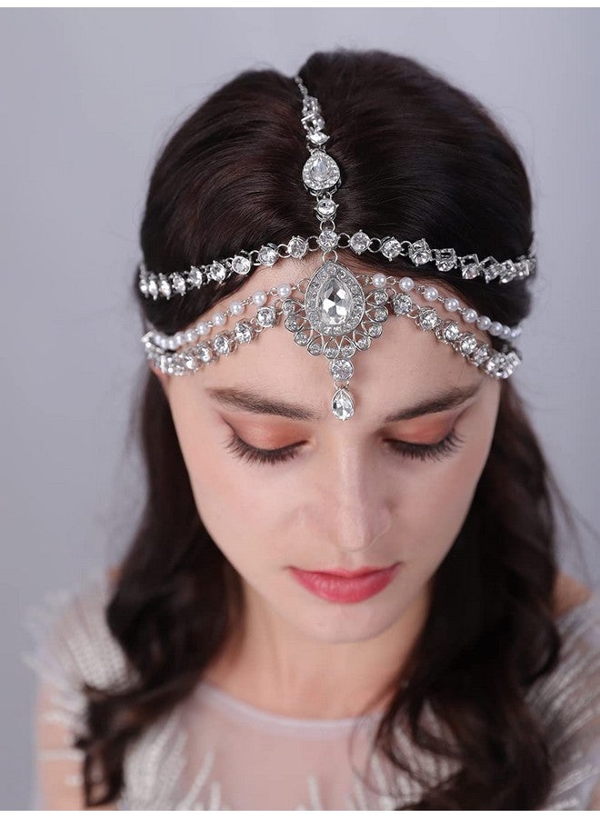 Boho Rhinestone Head Chain Pearl Headchain Bride Headpiece Headband Wedding Hair Accessories For Women And Girls (Silver)