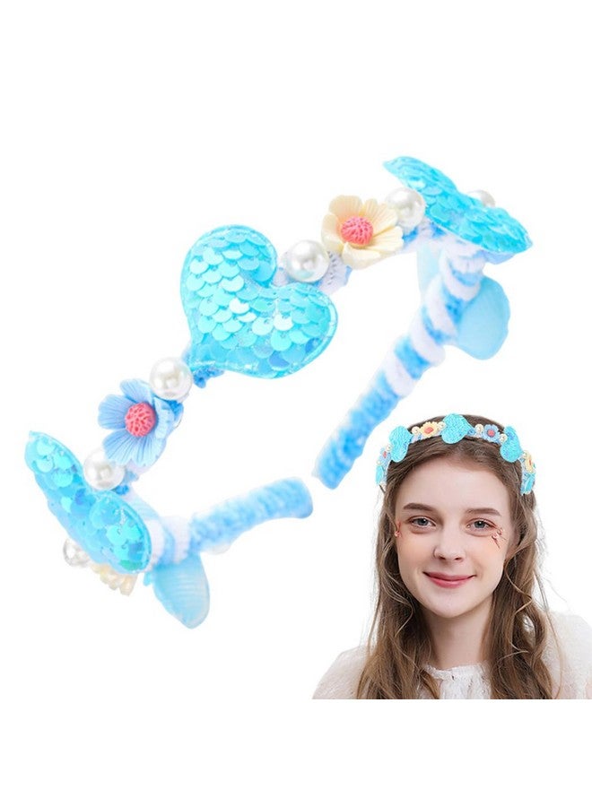 Women Heart Headband Blue Glitter Props Sequins Flowers Handmade Anniversary Hairband Birthday Festival Accessory For Girls Woman