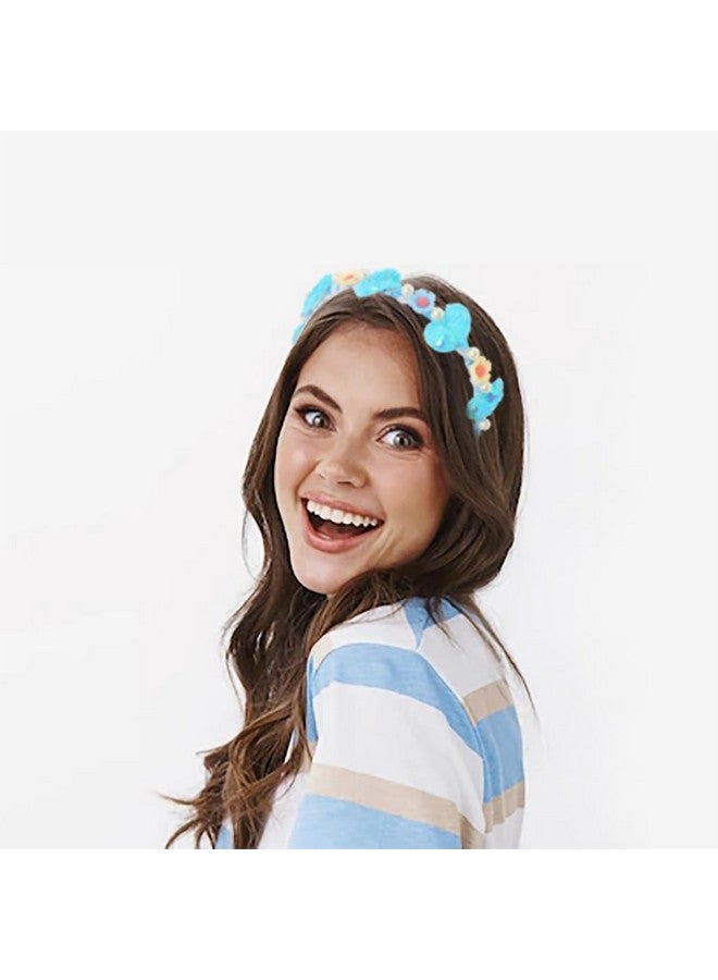 Women Heart Headband Blue Glitter Props Sequins Flowers Handmade Anniversary Hairband Birthday Festival Accessory For Girls Woman