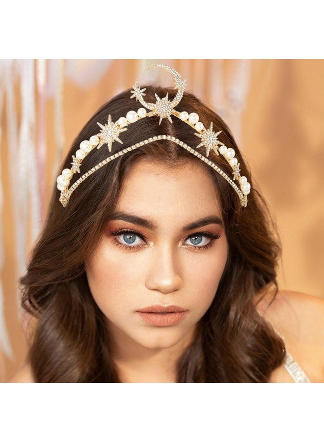 Moon Star Wedding Headband Gold Rhinestone Pearl Headpiece Crystal Bridal Hair Accessories For Women And Girls