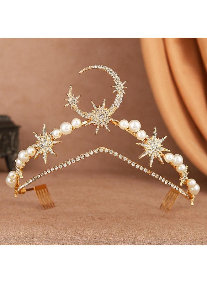 Moon Star Wedding Headband Gold Rhinestone Pearl Headpiece Crystal Bridal Hair Accessories For Women And Girls