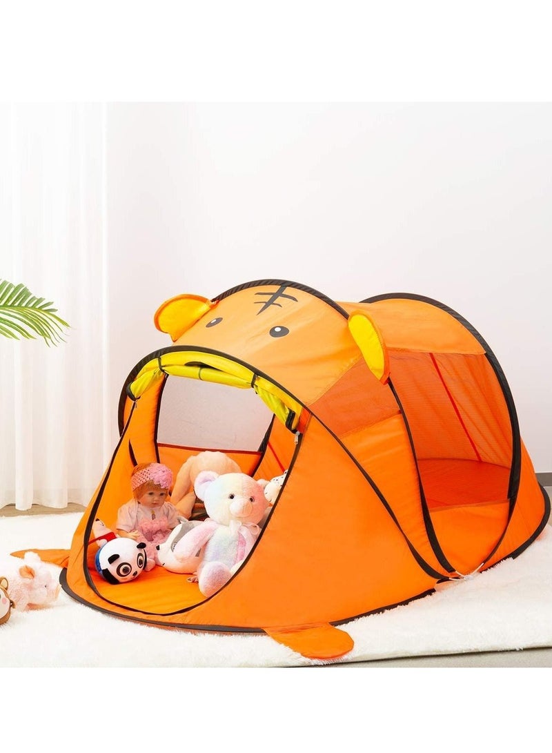 Kids Portable Pop-up Play Tent, Automatic Setup Outdoor and Indoor House with Net Anti Mosquito Instant Playhouse Beach Carrying Bag for Girls and Boys-Yellow Tiger