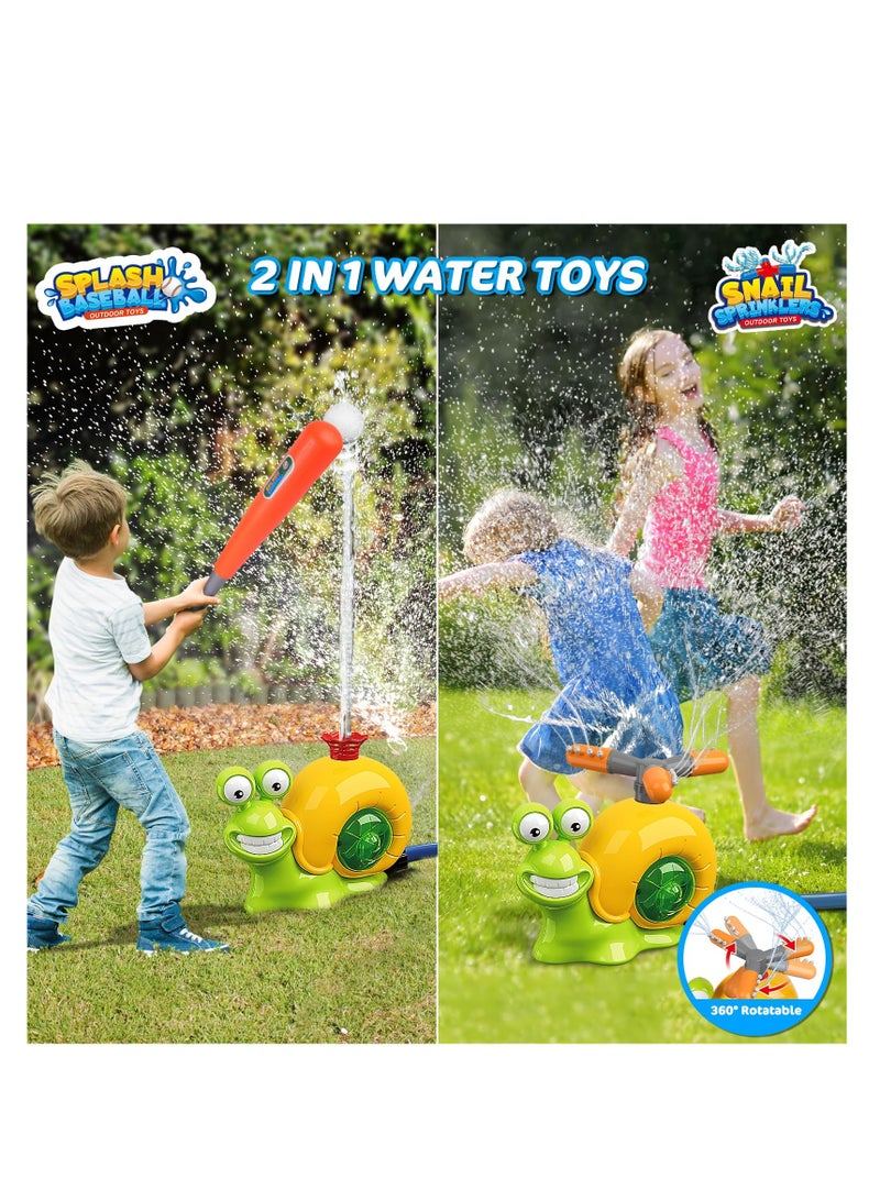 Water Sprinkler Baseball Toy for Kids Outdoor Play, 2 in 1 Snail Summer Water Game with 2 Sprinkler Heads, Summer Outside Toys, Splashing Fun Toys for Kids, 360° Roating Spray Water Baseball