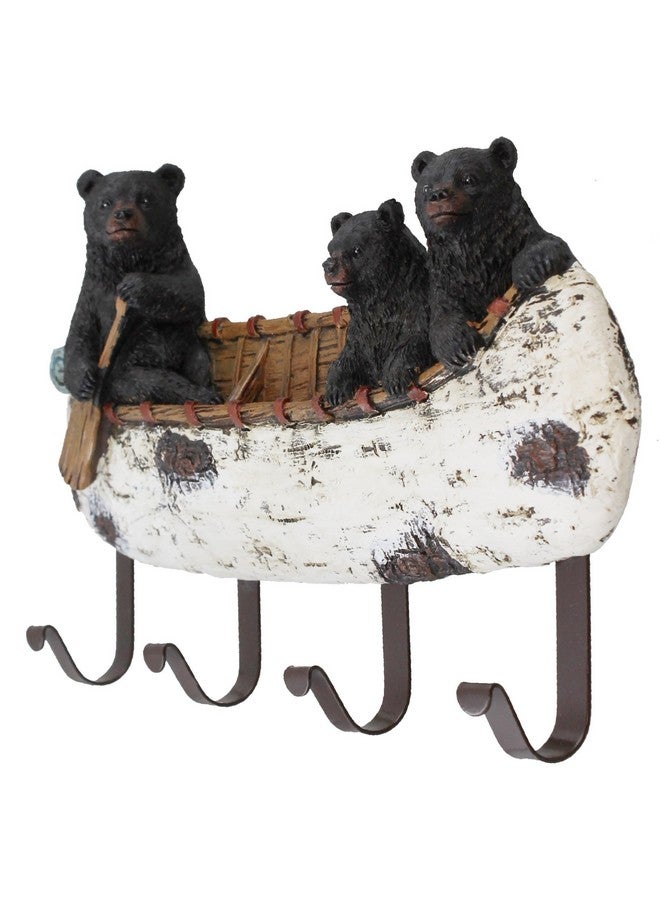 Black Bear And Cubs Paddling A Canoe Decor 4 Peg Decorative Wall Mount Hook