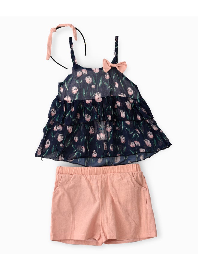 Printed Spaghetti Top And Shorts With Headband Set Multicolour